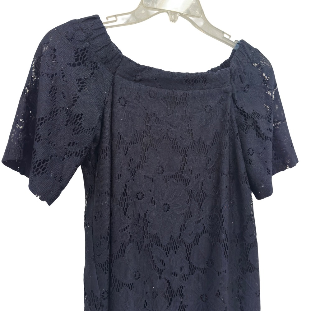 Donna Morgan Navy Blue Floral Lace Shift Dress Off Shoulder Coquette Size 4